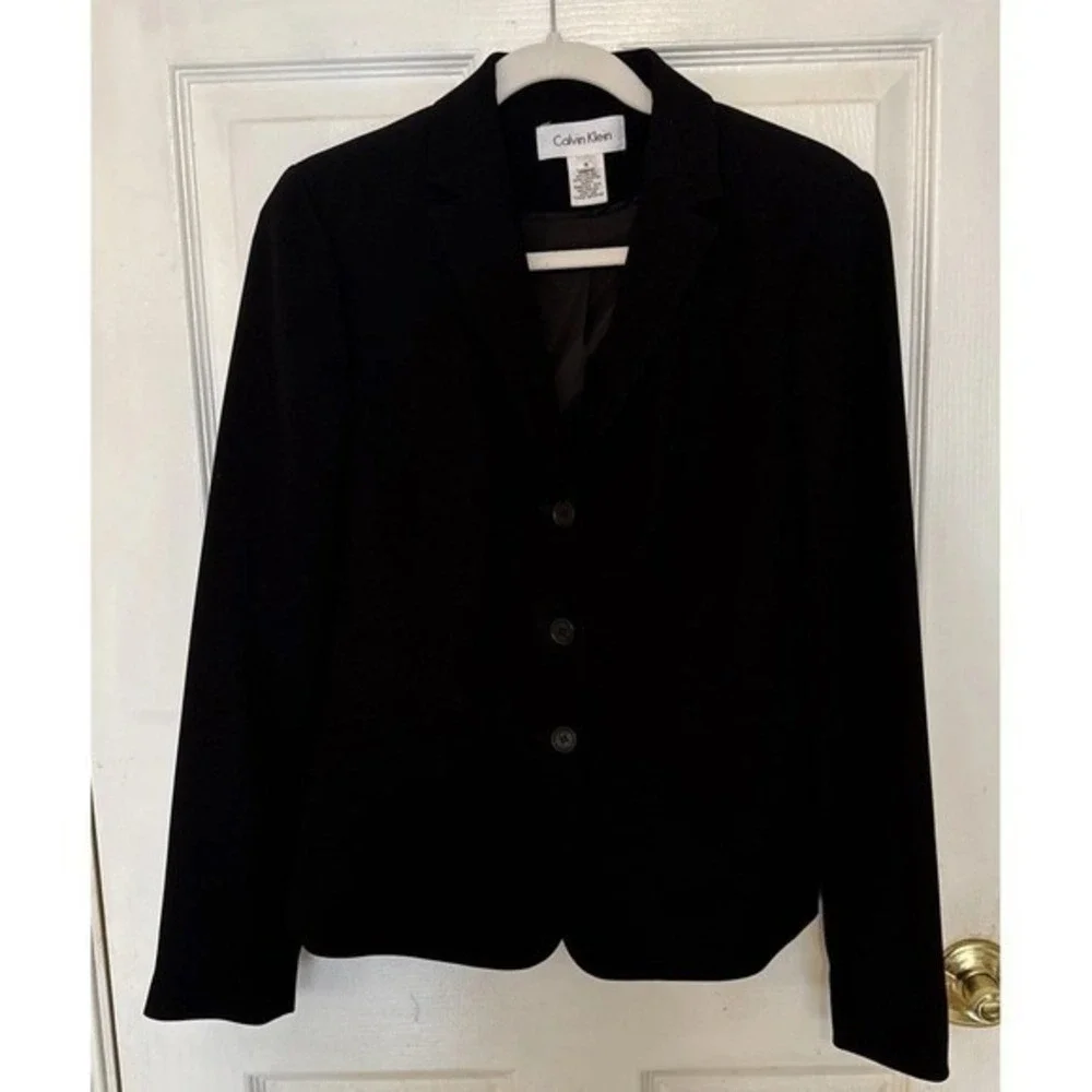 Calvin Klein Womens Black 3Button Tailored Blazer Jacket Size 4 Triacetate Blend